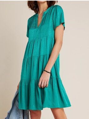 Anthropologie Maeve Tania Sacha Tiered Tunic Dress Size Medium Jacquard Green